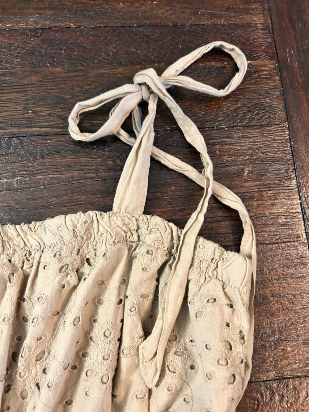 American Eagle Outfitters Cotton Light Brown Eyelet Tie-Strap Peplum Top - Picture 3 of 9
